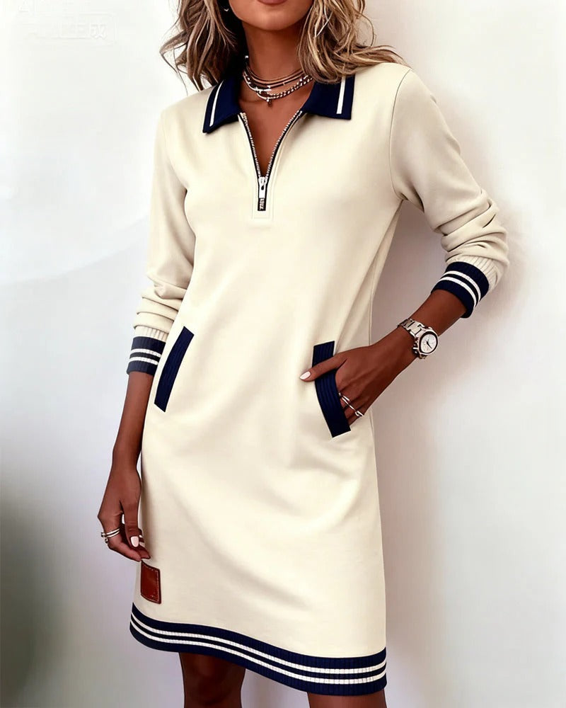 Vestido sudadera corto informal con ribetes en contraste y cuello con cremallera
