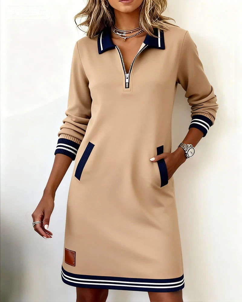 Vestido sudadera corto informal con ribetes en contraste y cuello con cremallera