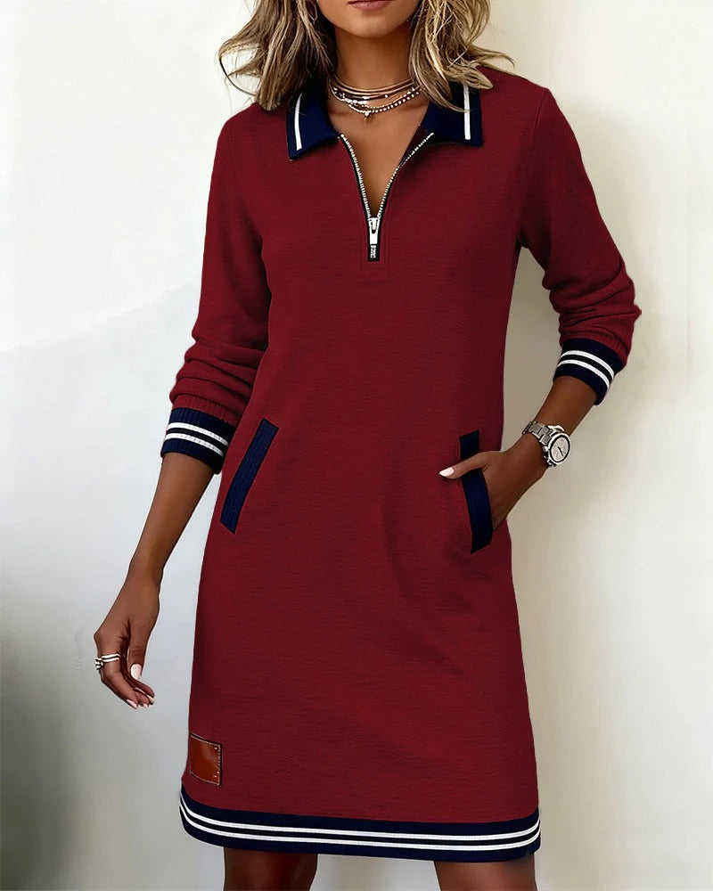 Vestido sudadera corto informal con ribetes en contraste y cuello con cremallera