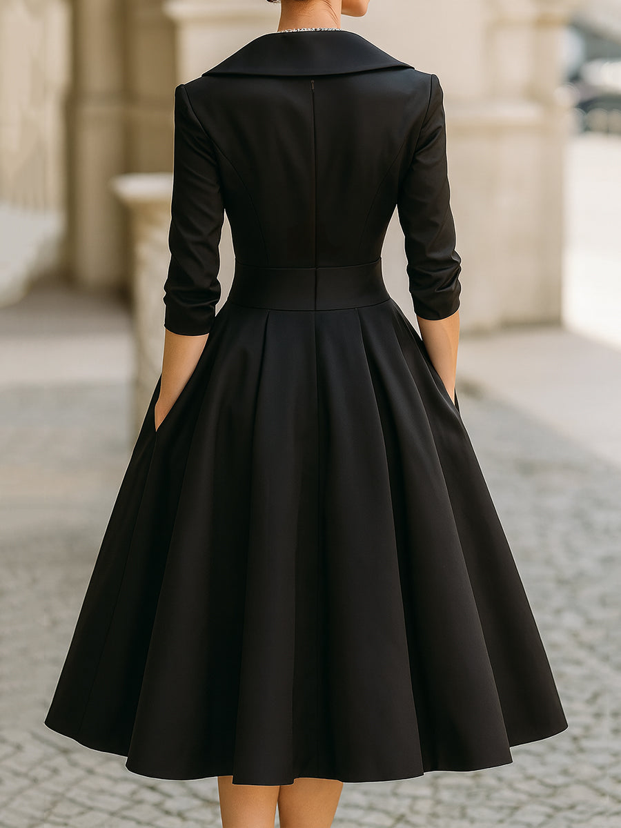 Vestido midi elegante en A con cuerpo cruzado y falda con vuelo