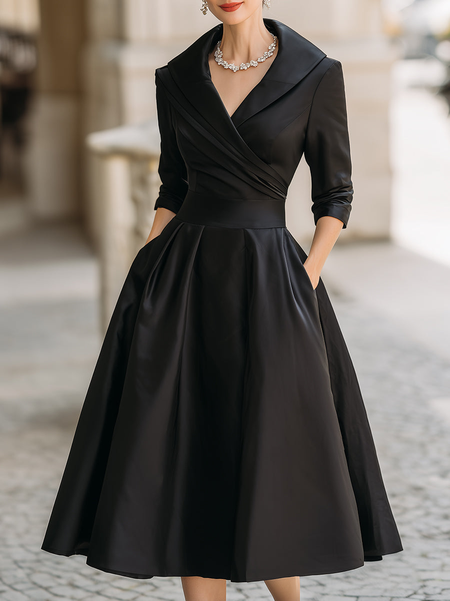 Vestido midi elegante en A con cuerpo cruzado y falda con vuelo