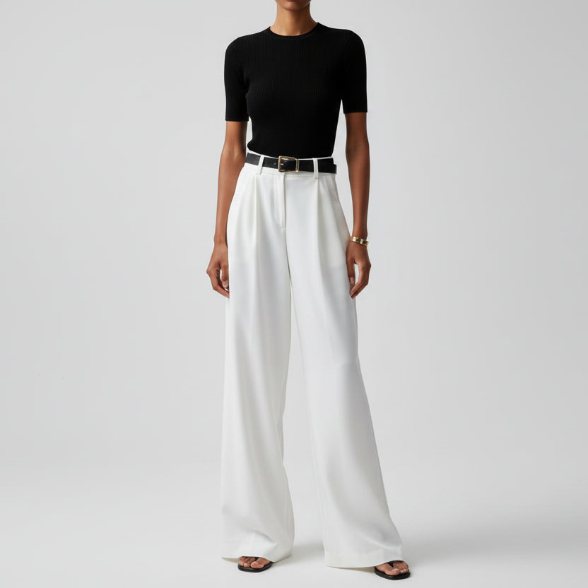 Pantalones elegantes de talle alto con pierna ancha y pinzas delanteras