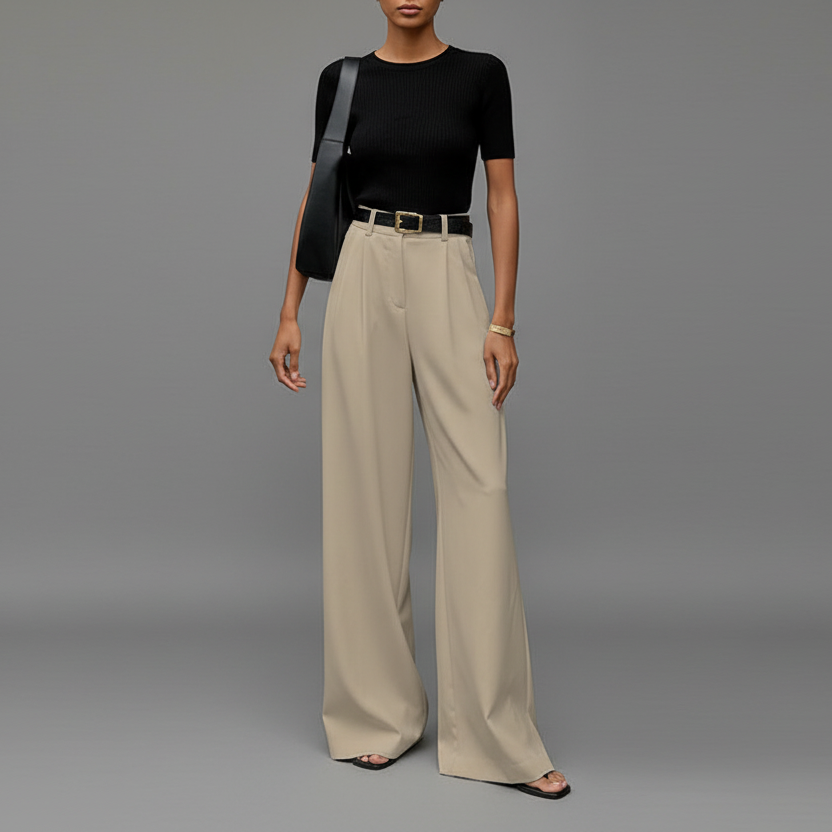 Pantalones elegantes de talle alto con pierna ancha y pinzas delanteras
