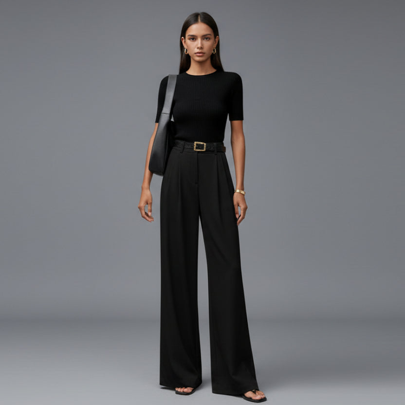 Pantalones elegantes de talle alto con pierna ancha y pinzas delanteras