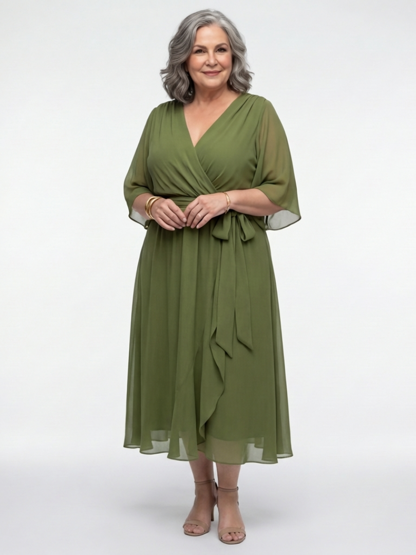 Vestido midi cruzado elegante con mangas kimono y lazada en la cintura