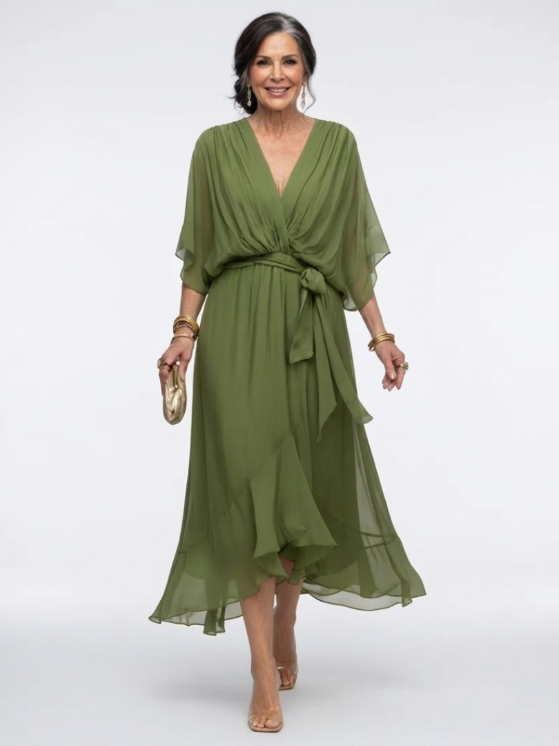 Vestido midi cruzado elegante con mangas kimono y lazada en la cintura