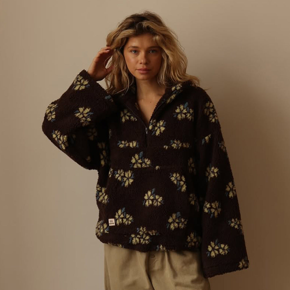 Chaqueta oversize de borreguillo floral con media cremallera