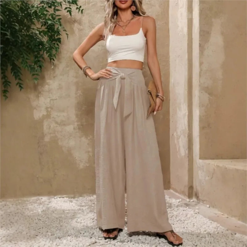 Pantalones anchos de talle alto con lazada en la cintura