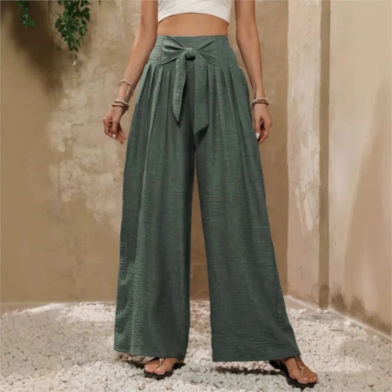 Pantalones anchos de talle alto con lazada en la cintura