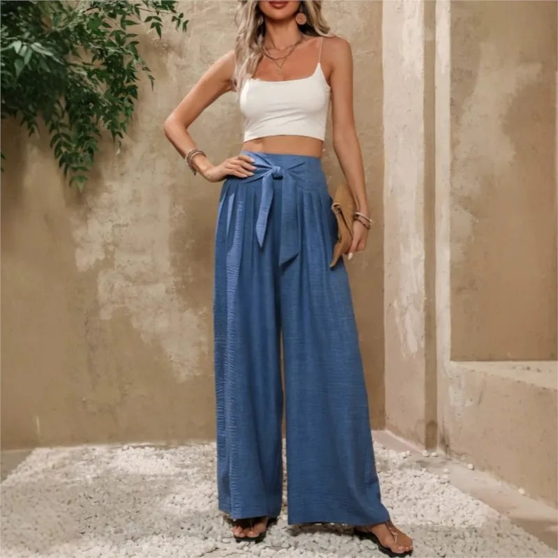Pantalones anchos de talle alto con lazada en la cintura