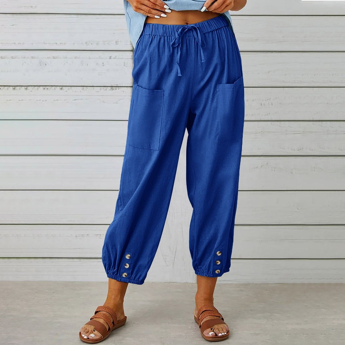 Pantalones harem holgados con cordón, puños elásticos y bolsillos de parche