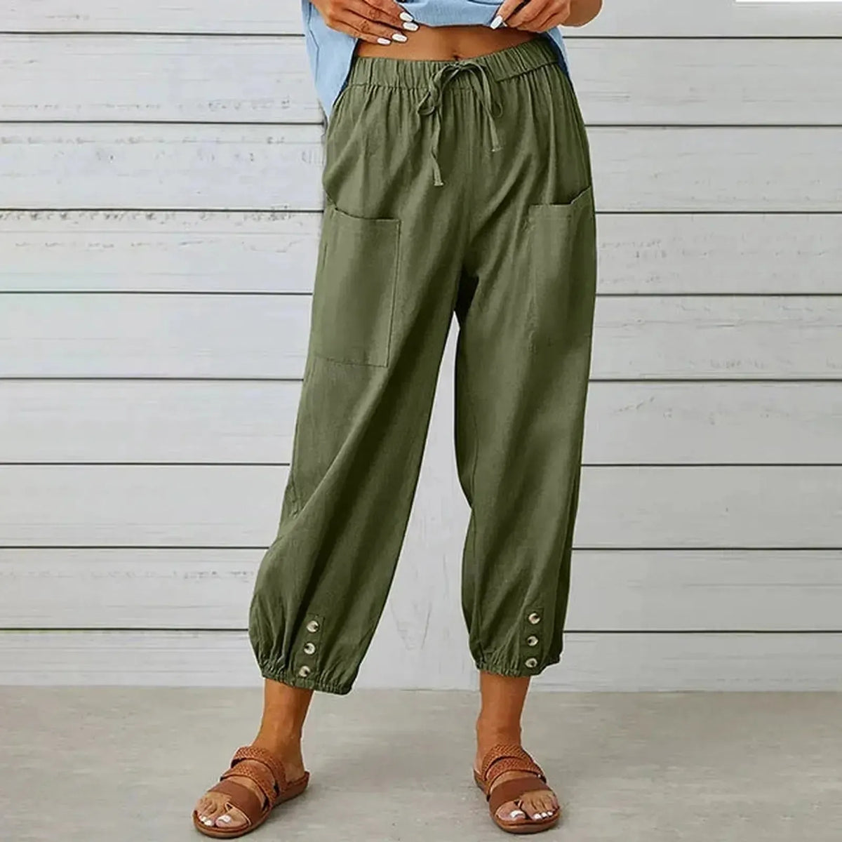Pantalones harem holgados con cordón, puños elásticos y bolsillos de parche