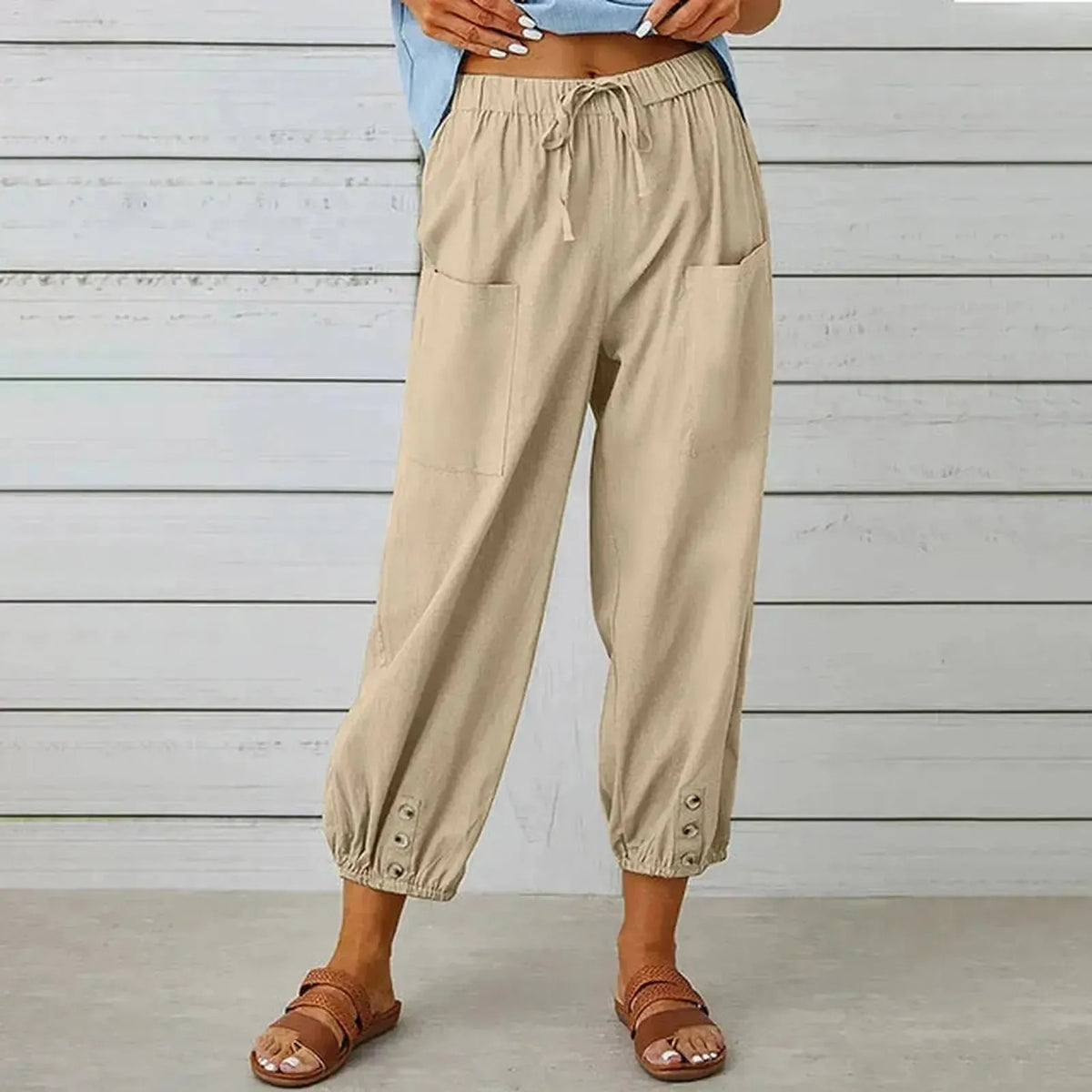 Pantalones harem holgados con cordón, puños elásticos y bolsillos de parche