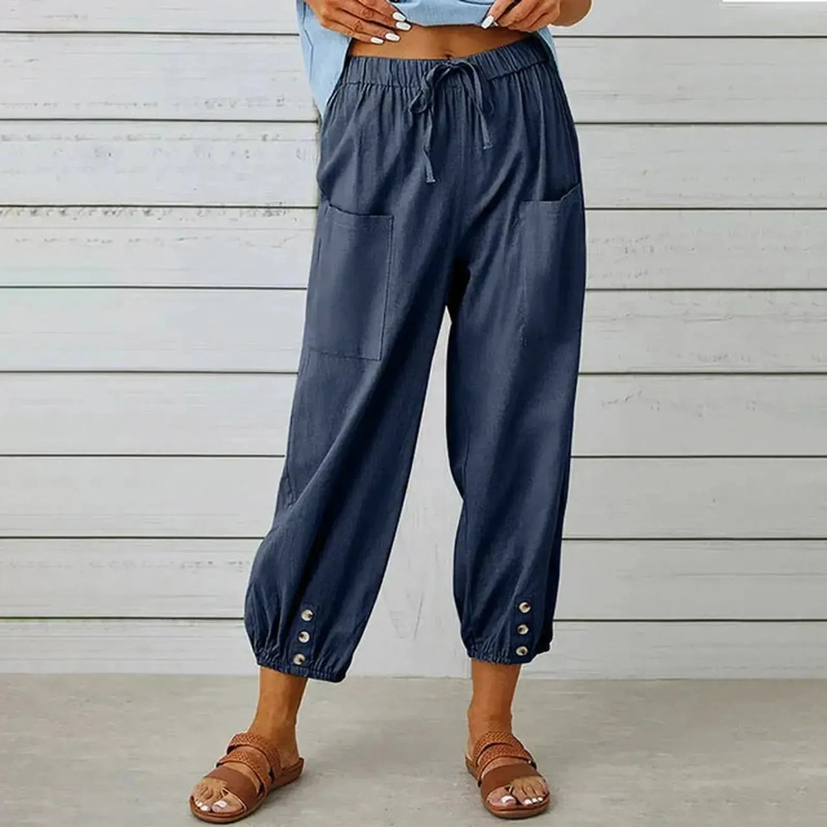 Pantalones harem holgados con cordón, puños elásticos y bolsillos de parche
