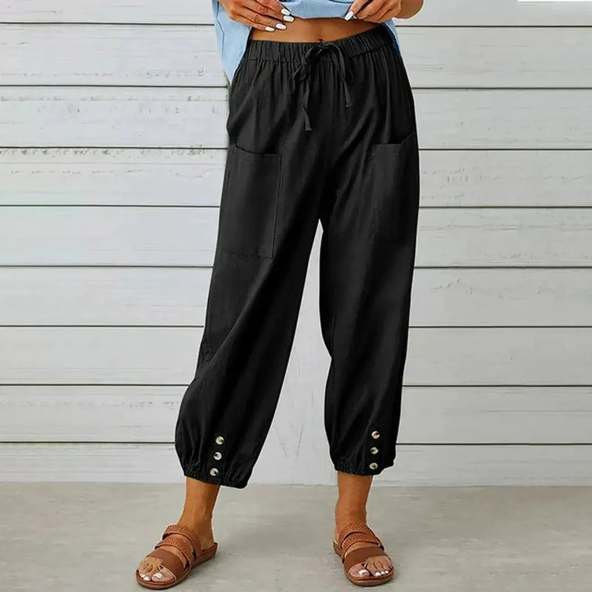 Pantalones harem holgados con cordón, puños elásticos y bolsillos de parche