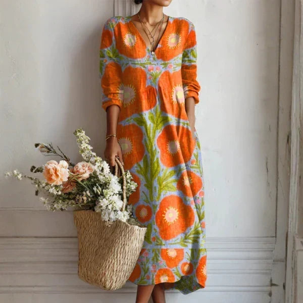 Vestido largo holgado con estampado atrevido y escote en V
