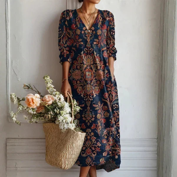 Vestido largo holgado con estampado atrevido y escote en V
