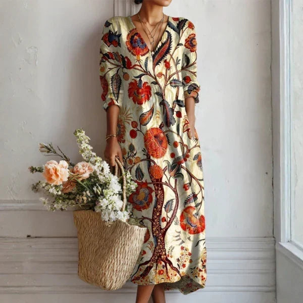 Vestido largo holgado con estampado atrevido y escote en V