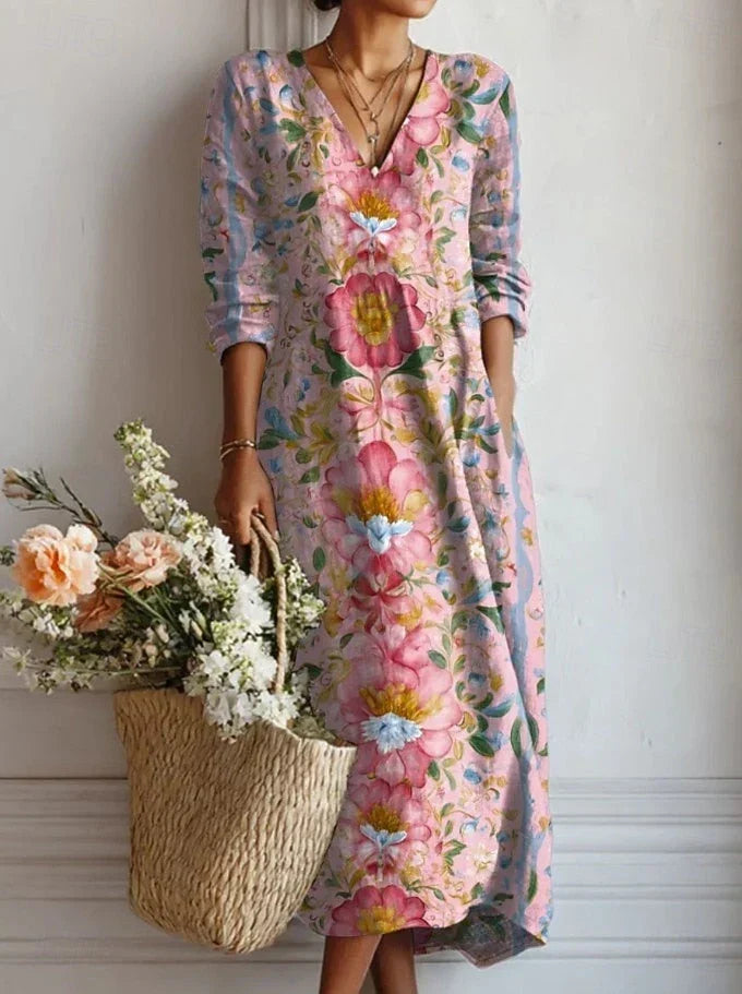 Vestido largo holgado con estampado atrevido y escote en V
