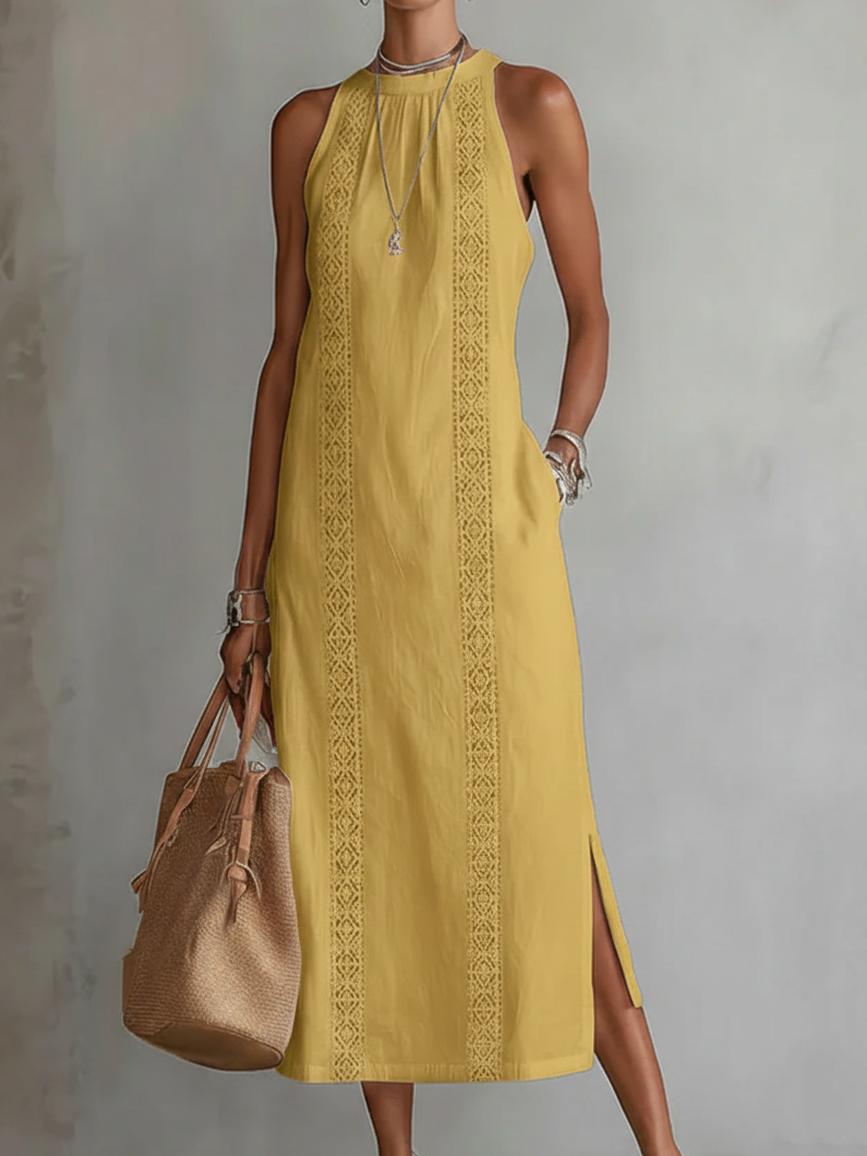 Vestido midi sin mangas con encaje, cuello halter y abertura lateral