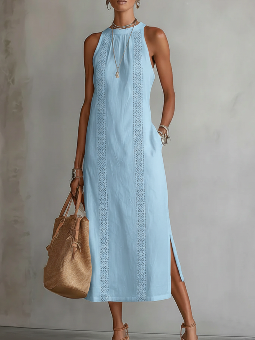 Vestido midi sin mangas con encaje, cuello halter y abertura lateral
