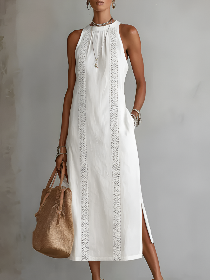 Vestido midi sin mangas con encaje, cuello halter y abertura lateral