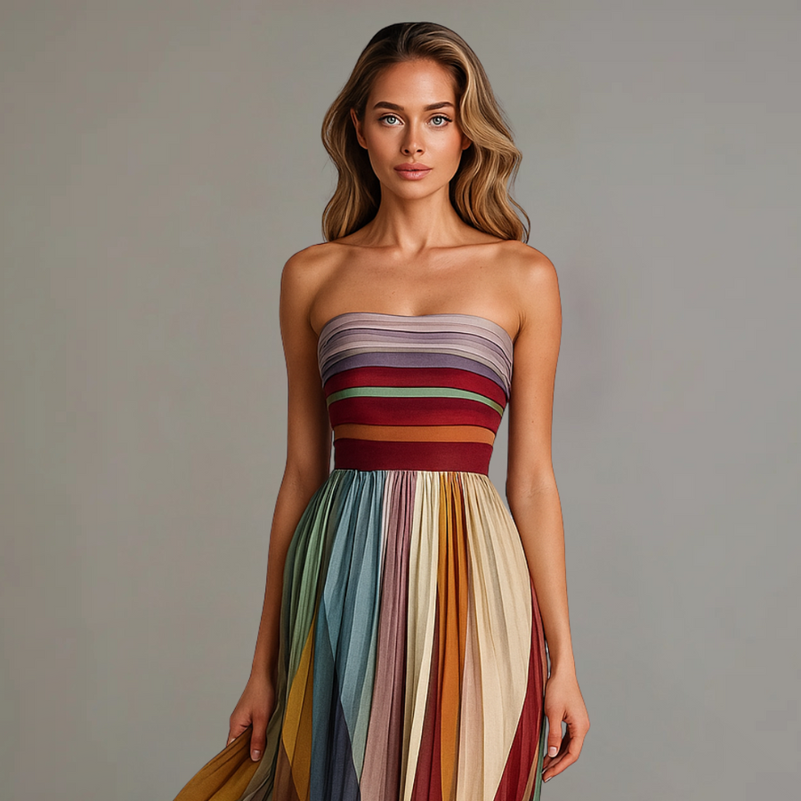 Vestido largo palabra de honor con falda plisada a rayas