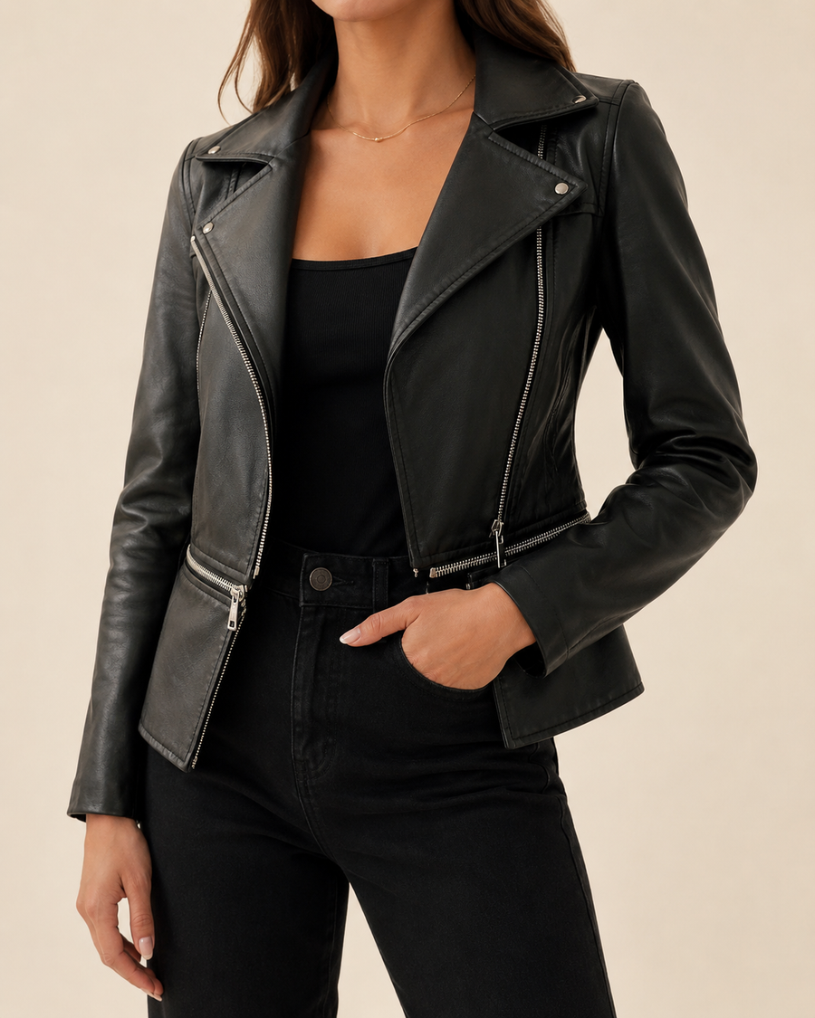 Chaqueta de cuero chic con detalle de doble cremallera para mujer