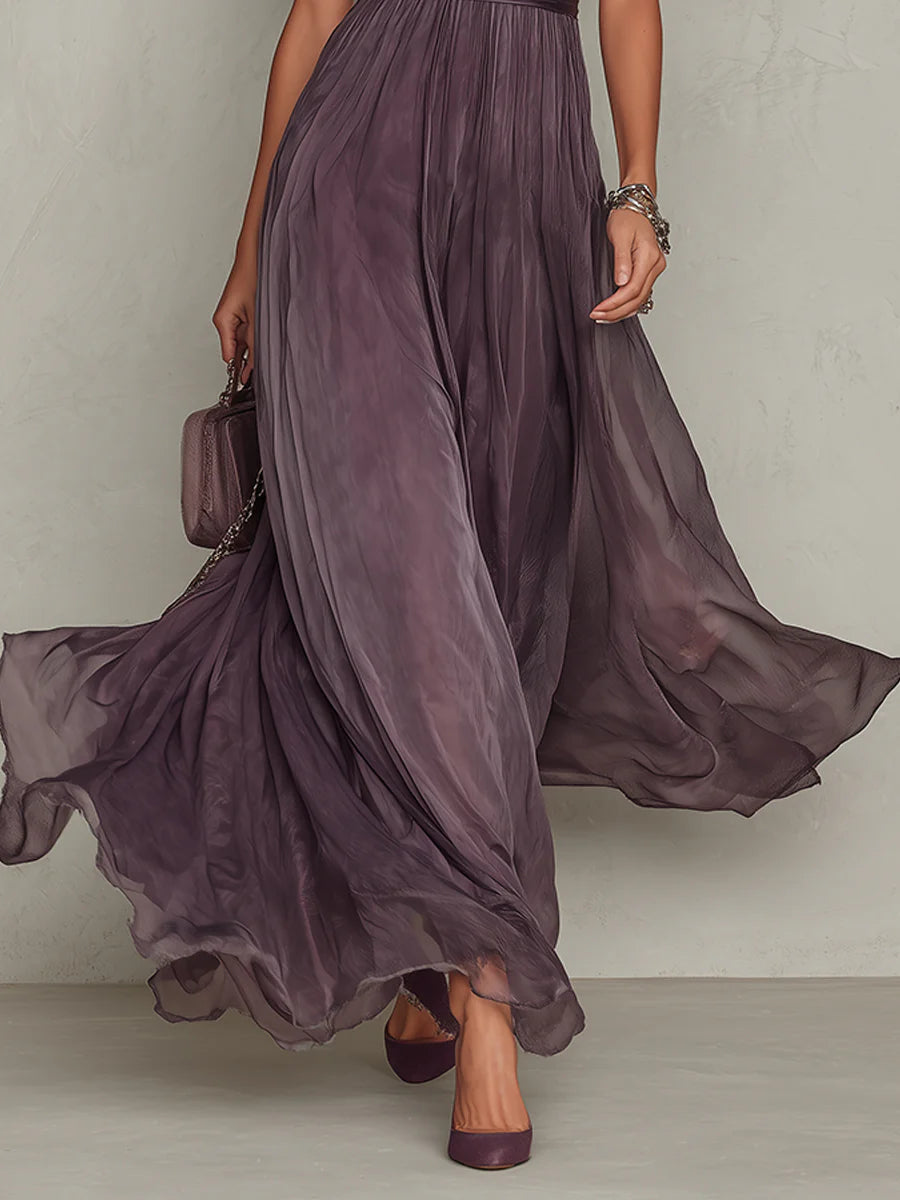 Vestido largo elegante de gasa malva con encaje y cinturón de satén