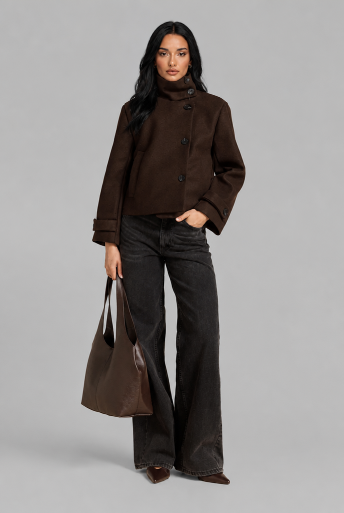 Chaqueta corta de lana con cuello alto y botonadura asimétrica