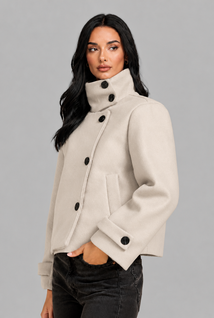 Chaqueta corta de lana con cuello alto y botonadura asimétrica