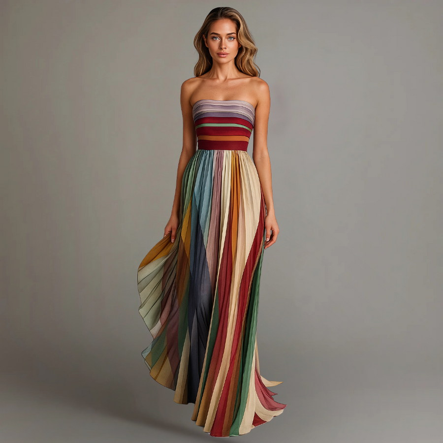 Vestido largo palabra de honor con falda plisada a rayas