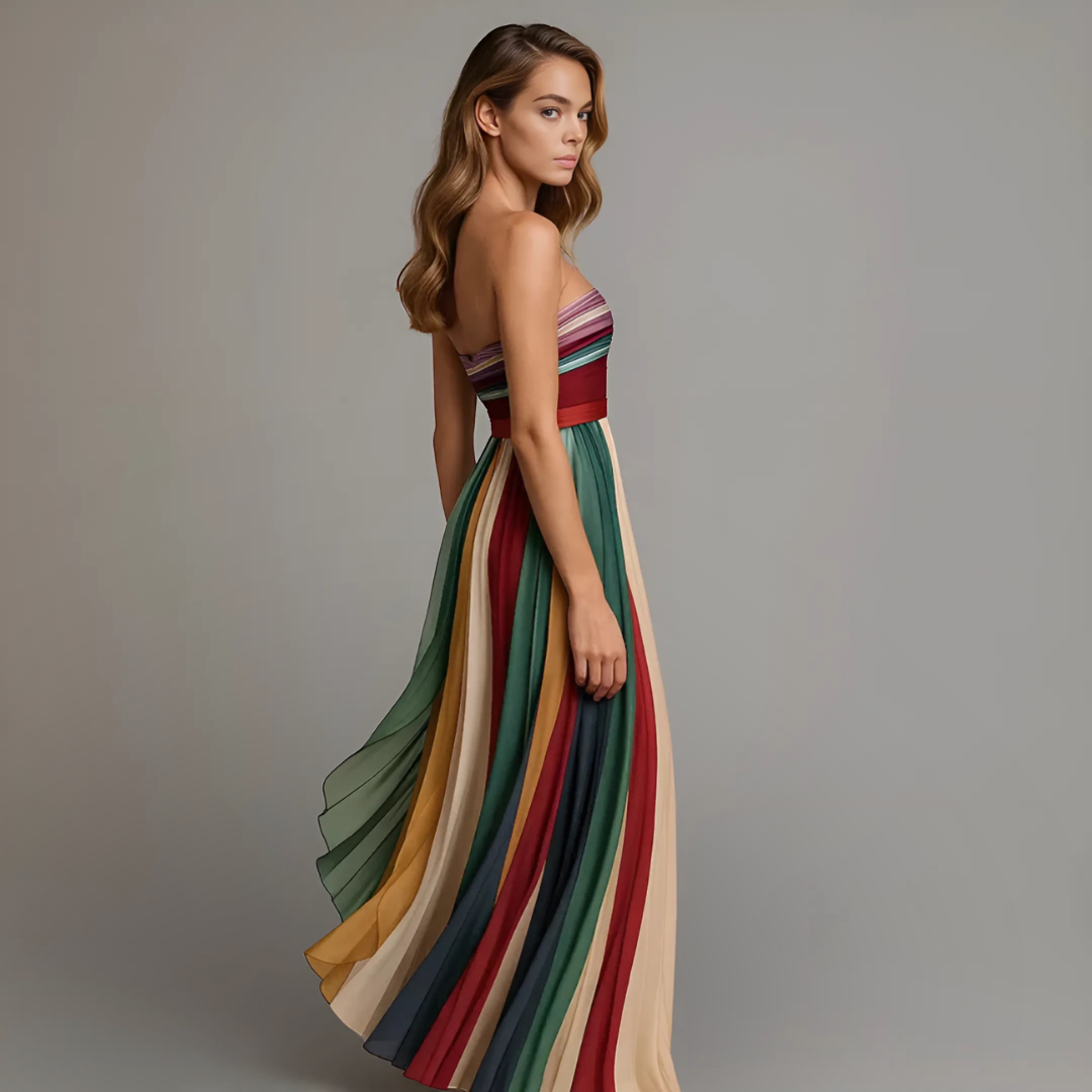 Vestido largo palabra de honor con falda plisada a rayas
