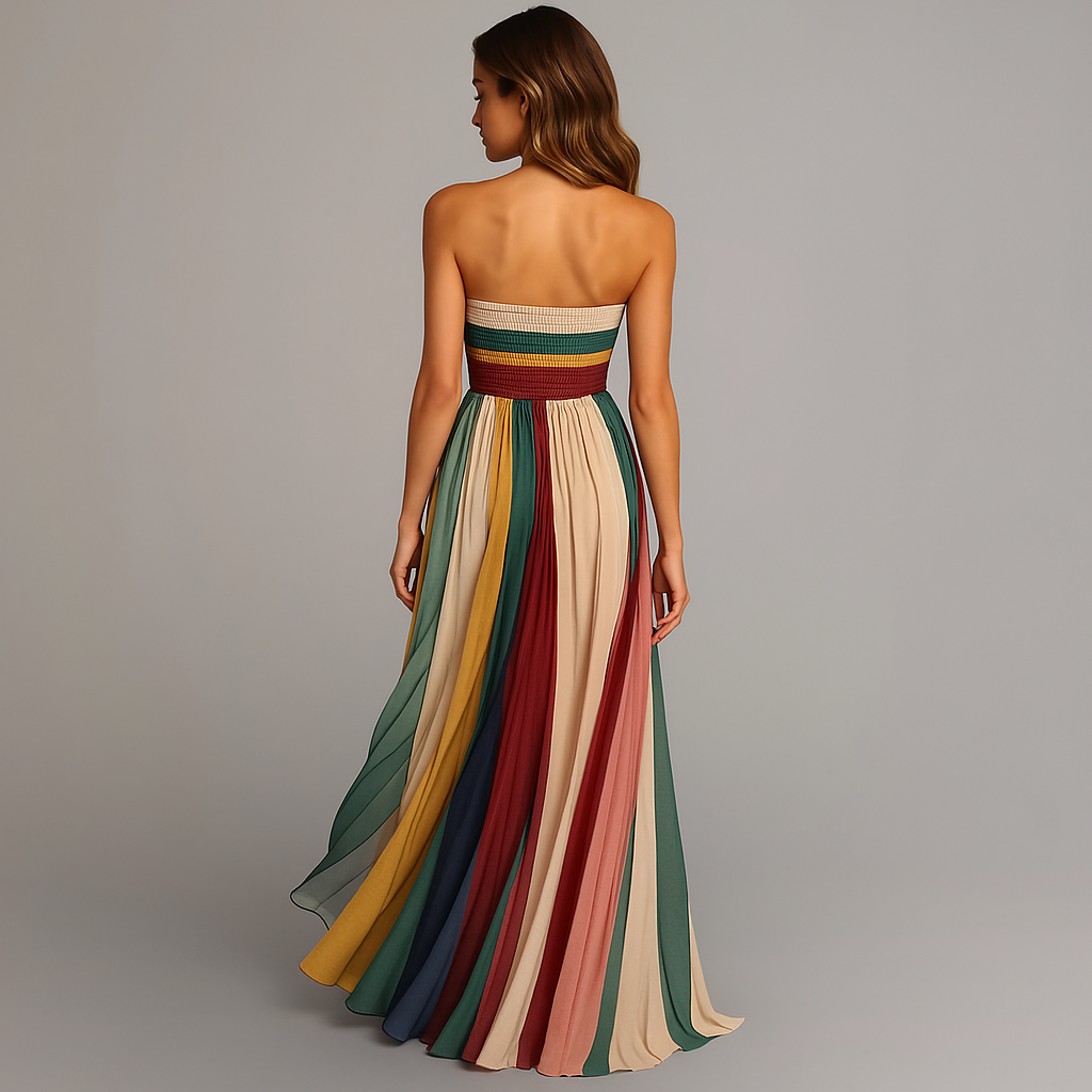 Vestido largo palabra de honor con falda plisada a rayas