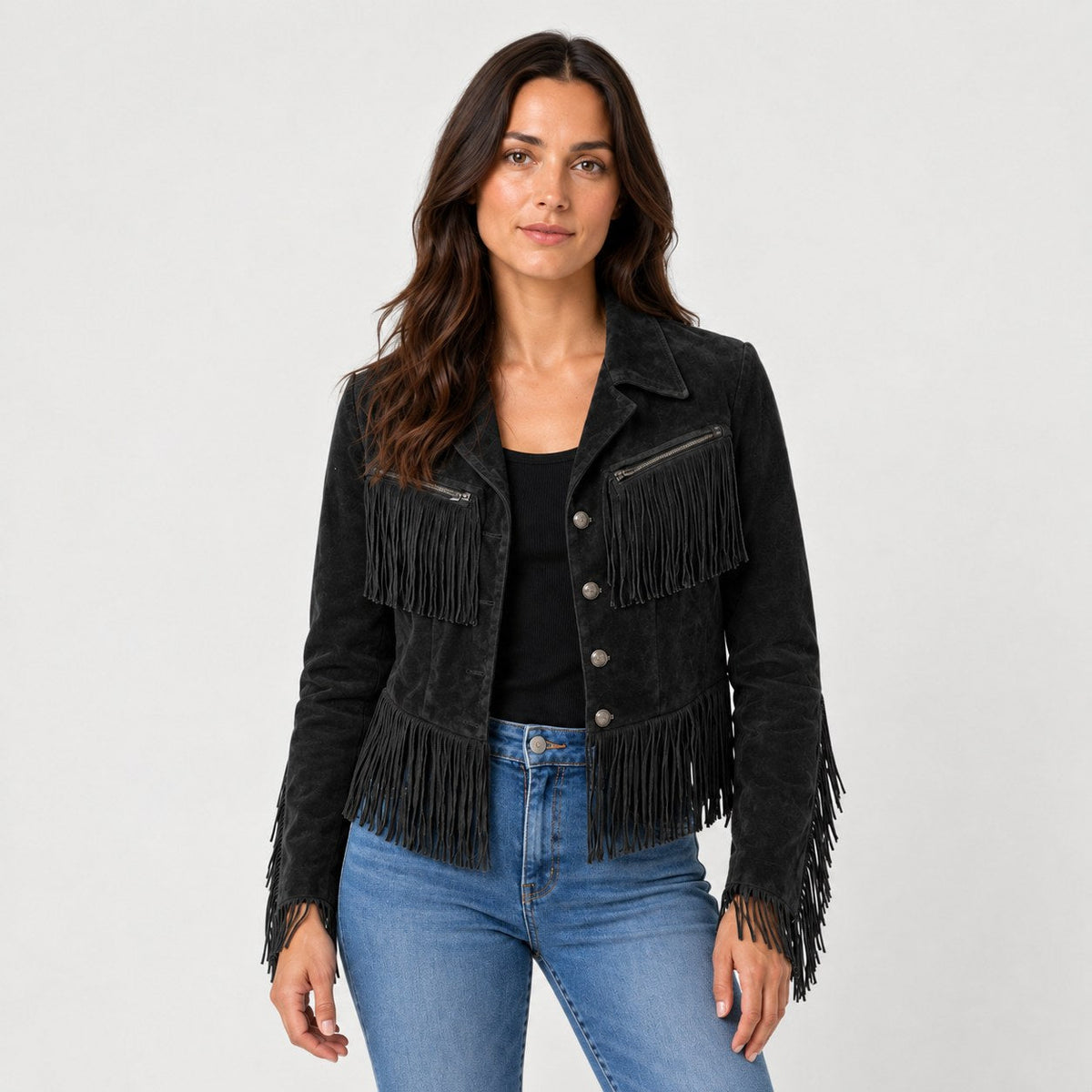 Chaqueta de flecos corta entallada con botones metálicos