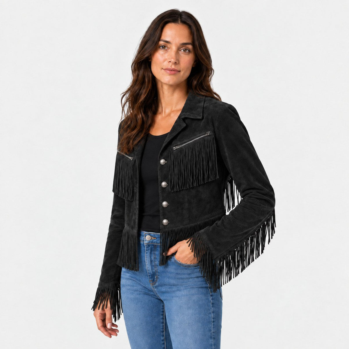 Chaqueta de flecos corta entallada con botones metálicos