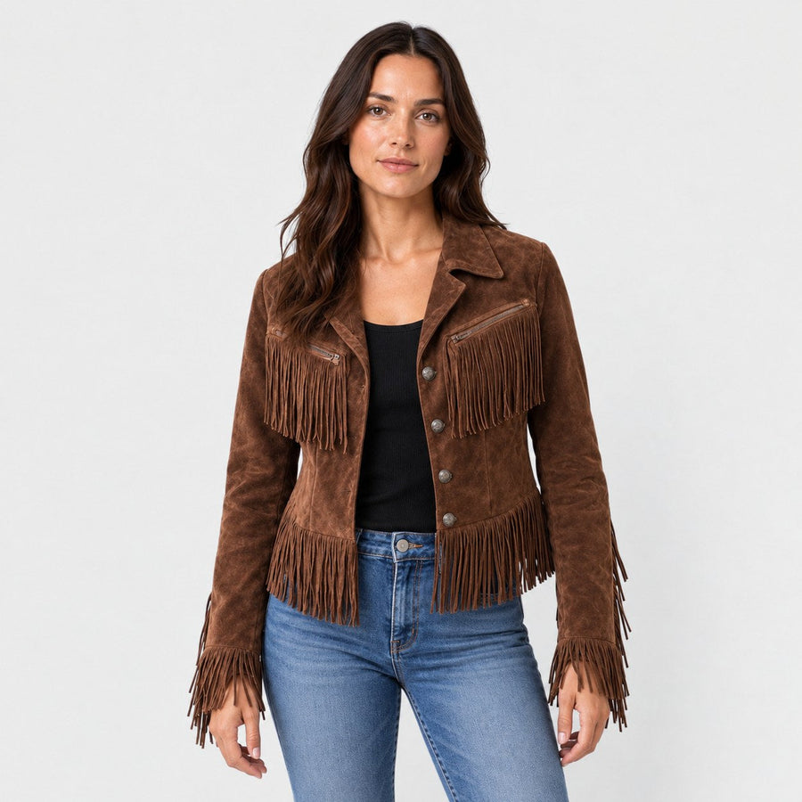 Chaqueta de flecos corta entallada con botones metálicos
